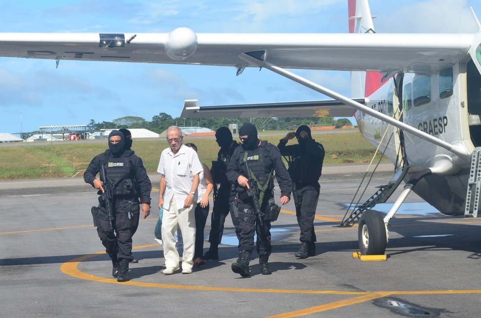 José Edmundo Ortiz Vergolino é transferido para Belém após ser preso acusado de mandar matar trabalhadores rurais no sudeste do Pará. — Foto: Elielson Modesto / Segup