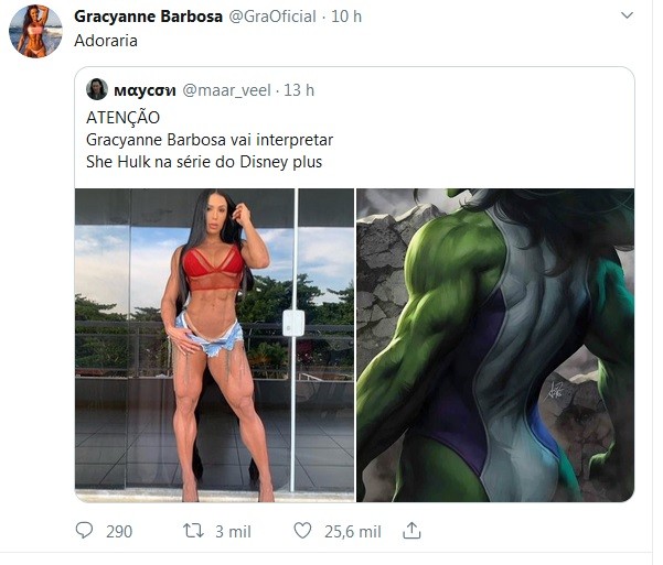 Fã sugere que Gracy Barbosa interprete Mulher-Hulk e ela responde: 