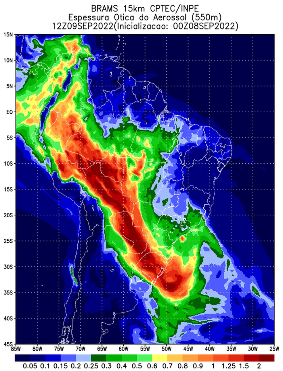 Fumaça de queimadas na Amazônia é registrada no oeste do Paraná, segundo Simepar — Foto: Divulgação/Instituto Nacional de Meteorologia (INMET)