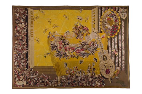 Tapeçaria século 19, de lã e algodão, 2,90 x 2,06 m, tapeceiro Jean Lurçat, importado da França, na Século Tapetes, R$ 98 mil