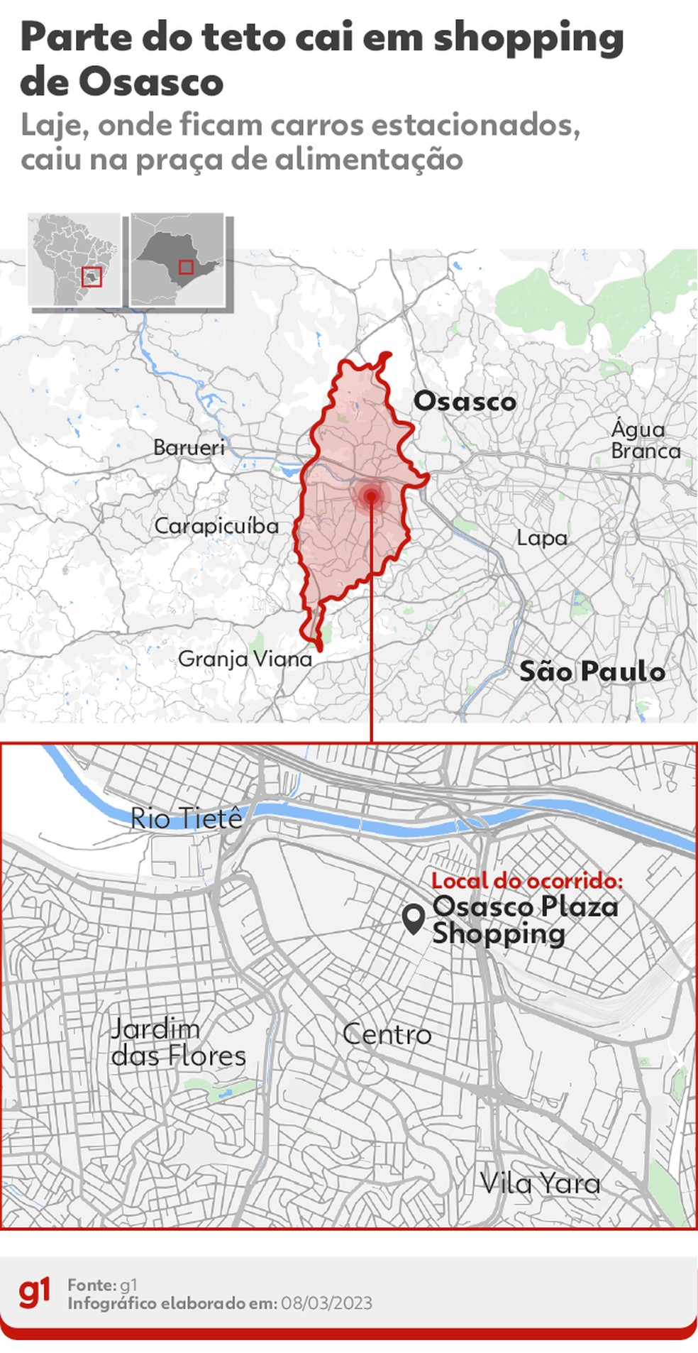 Parte de teto cai em shopping em Osasco — Foto: Arte g1
