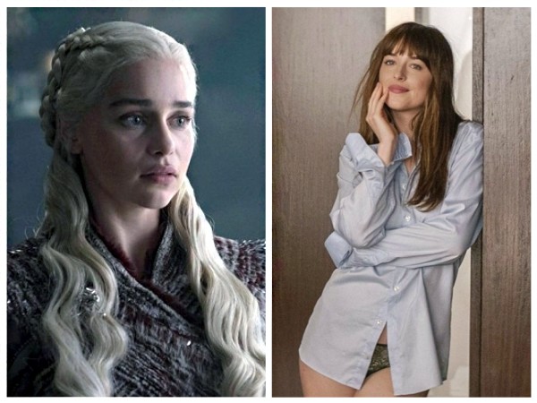 Emilia Clarke como Daenerys Targaryen em Game of Thrones / Dakota Johnson como Anastasia Steele em Cinquenta Tons de Cinza (Foto: Divulgação)
