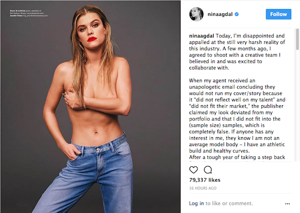 A foto e o relato compartilhados pela modelo dinamarquesa Nina Adgal sobre a decisão de uma revista de não compartilhar o ensaio protagonizado por ela (Foto: Instagram)