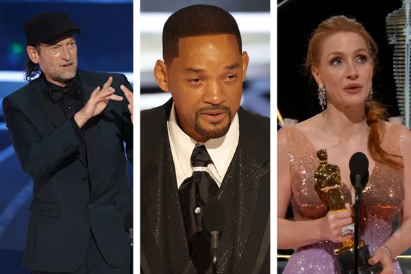 Troy Kotsur, Will Smith e Jessica Chastain foram premiados no Oscar 2022 (Foto: Reprodução; Getty Images)