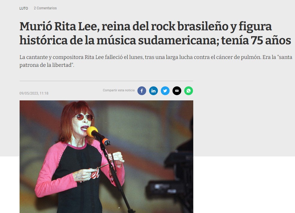 Jornal El País do Uruguai reporta a morte de Rita Lee — Foto: Reprodução/El País Uruguay