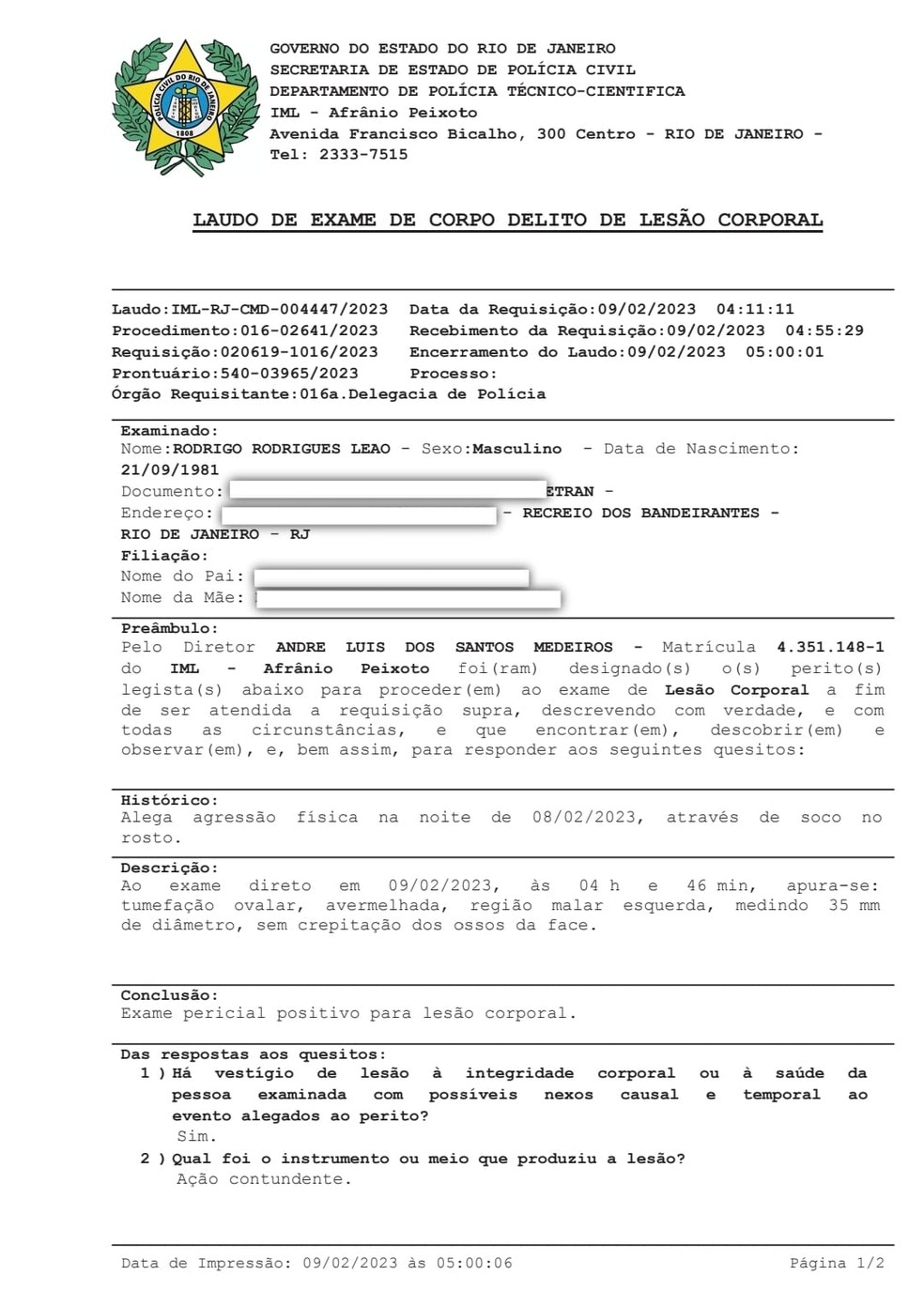 Laudo m&eacute;dico do torcedor do Flamengo que acusa Carlos Alberto de agress&atilde;o &mdash; Foto: Reprodu&ccedil;&atilde;o