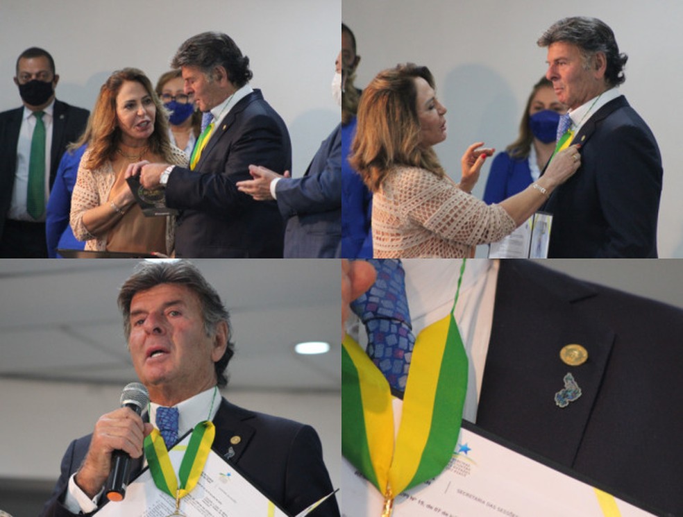 No Piauí, ministro do STF Luiz Fux foi presentado com button com o formato do mapa do estado feito de opala — Foto: Andrê Nascimento/g1