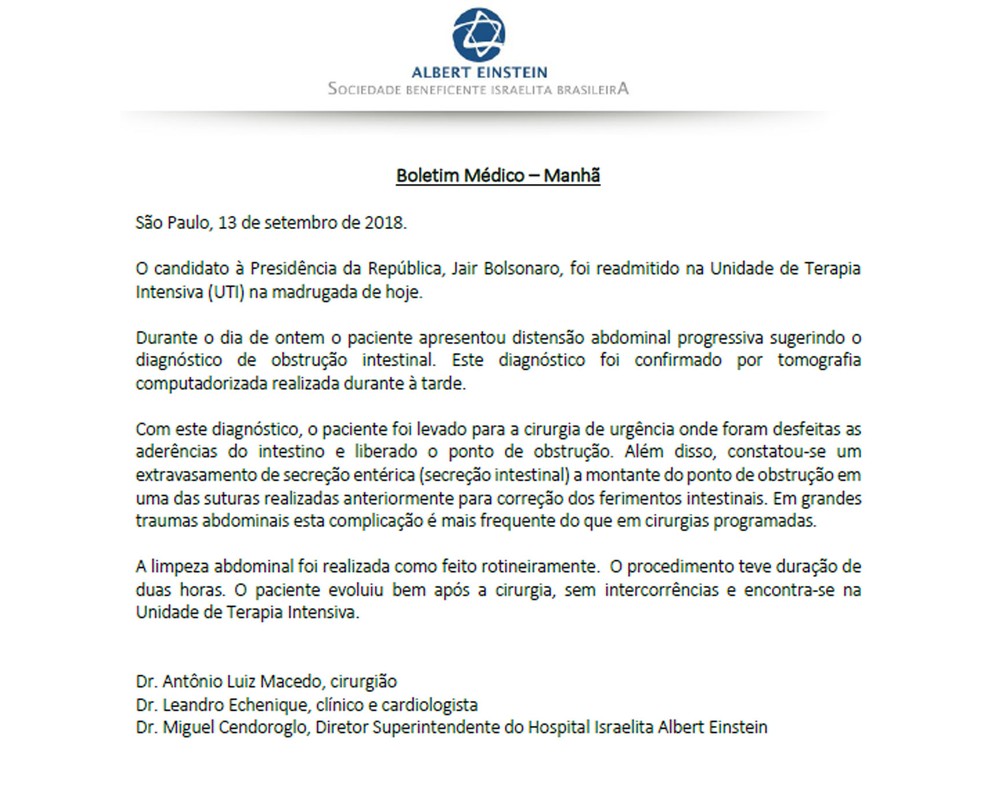 Novo boletim médico do candidato Jair Bolsonaro — Foto: Reprodução