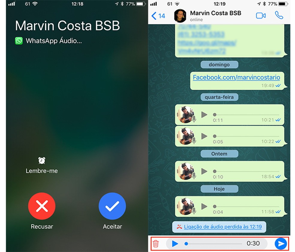 Áudio salvo em um chat do WhatsApp para iPhone (Foto: Reprodução/Marvin Costa)