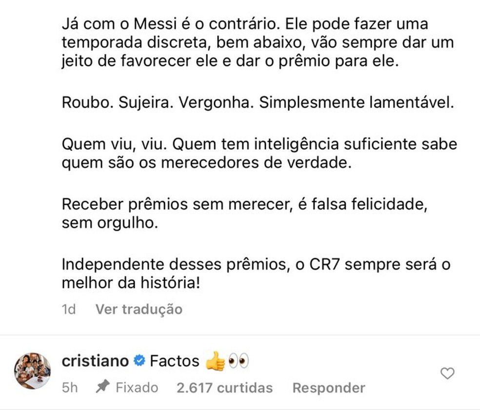 Cristiano concorda com análise feita por fã - Reprodução/Instagram