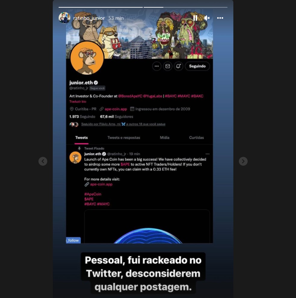 No Instagram, Ratinho Junior confirmou o ataque e pediu para que os seguidores desconsiderassem as publicações — Foto: Reprodução 