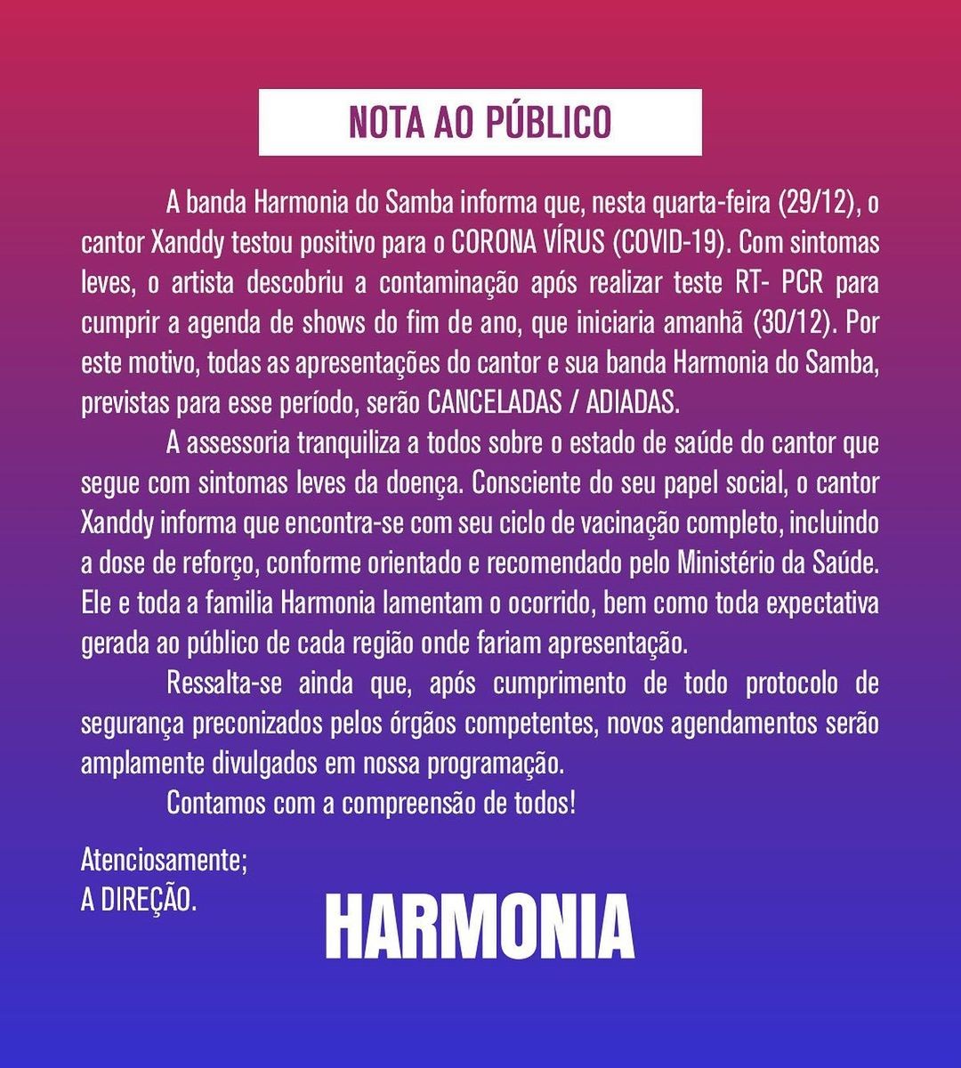 Harmonia do Samba cancela shows após Xanddy pegar Covid (Foto: Reprodução/Instagram)