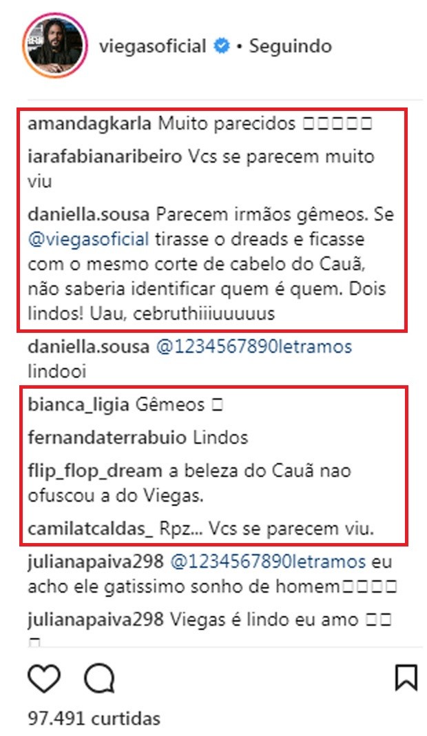 Fãs comparam Cauã Reymond e ex-BBB Viegas (Foto: Reprodução/Instagram)