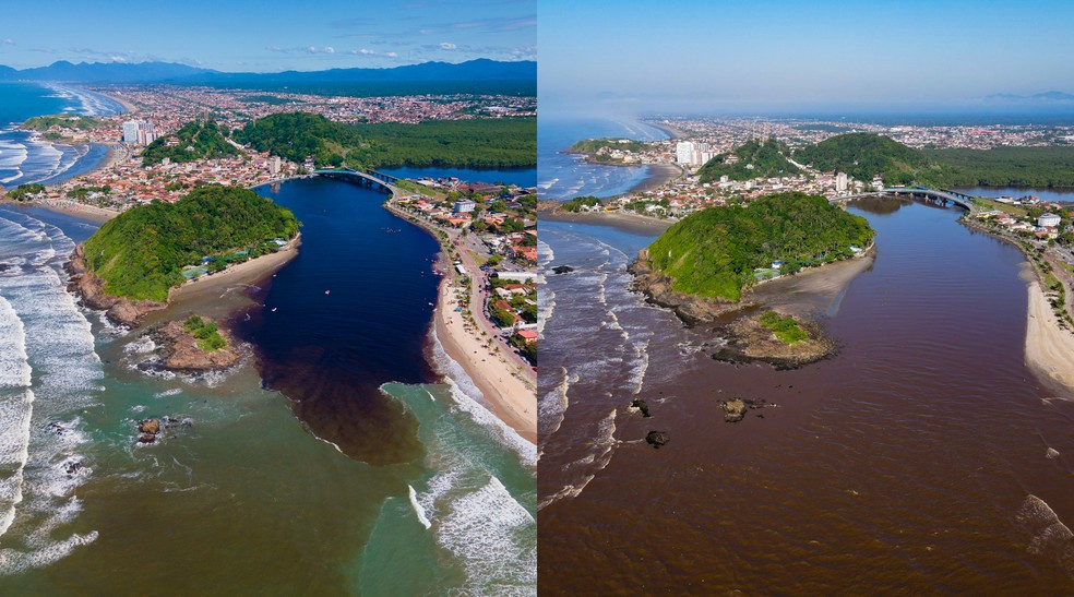 Imagens mostram antes e depois de chuvas fortes em Itanhaém, SP — Foto: Nícolas Schukkel