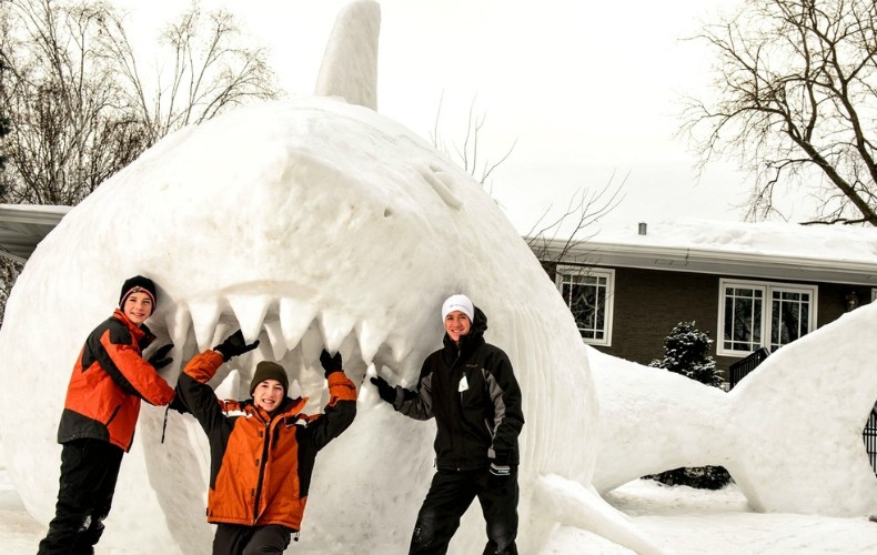 Irmãos encaram frio nos EUA para contruir tubarão com neve (Foto: Divulgação/Glen Stubbe/Minneapolis Star Tribune)