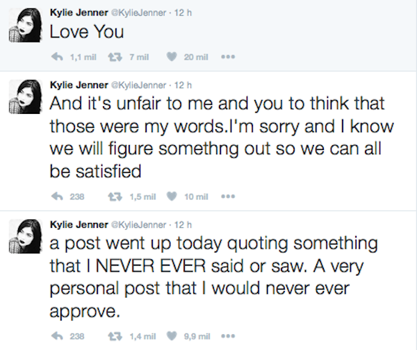 O pedido de desculpas de Kylie Jenner pelo post falso (Foto: Twitter)