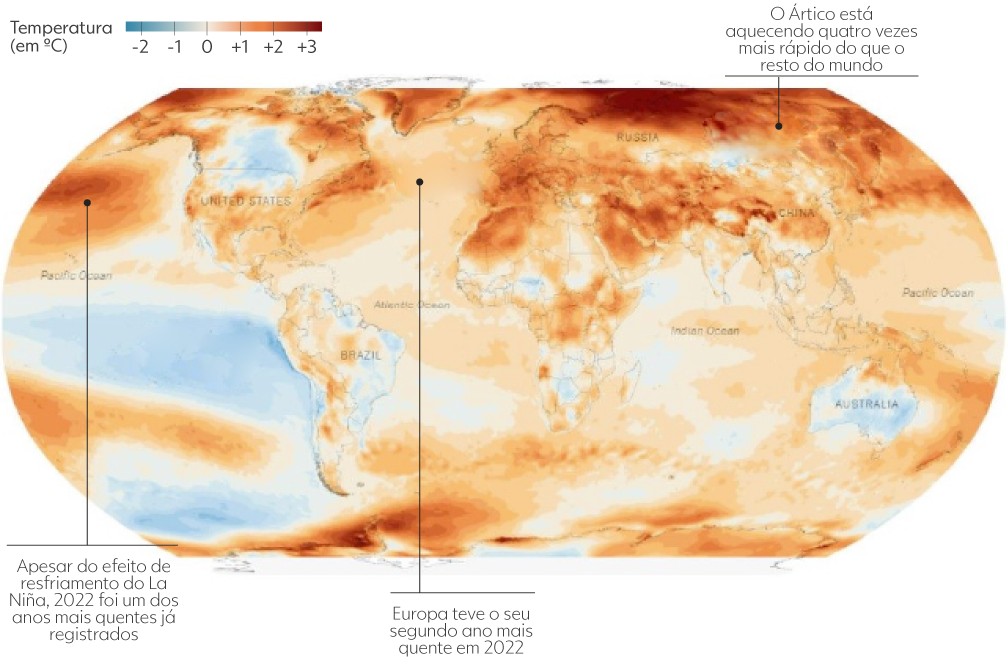 Comparação das temperaturas de 2022 feita pelo sistema Copernicus — Foto: Copernicus/ECMWF - Arte/g1/Kayan Albertin