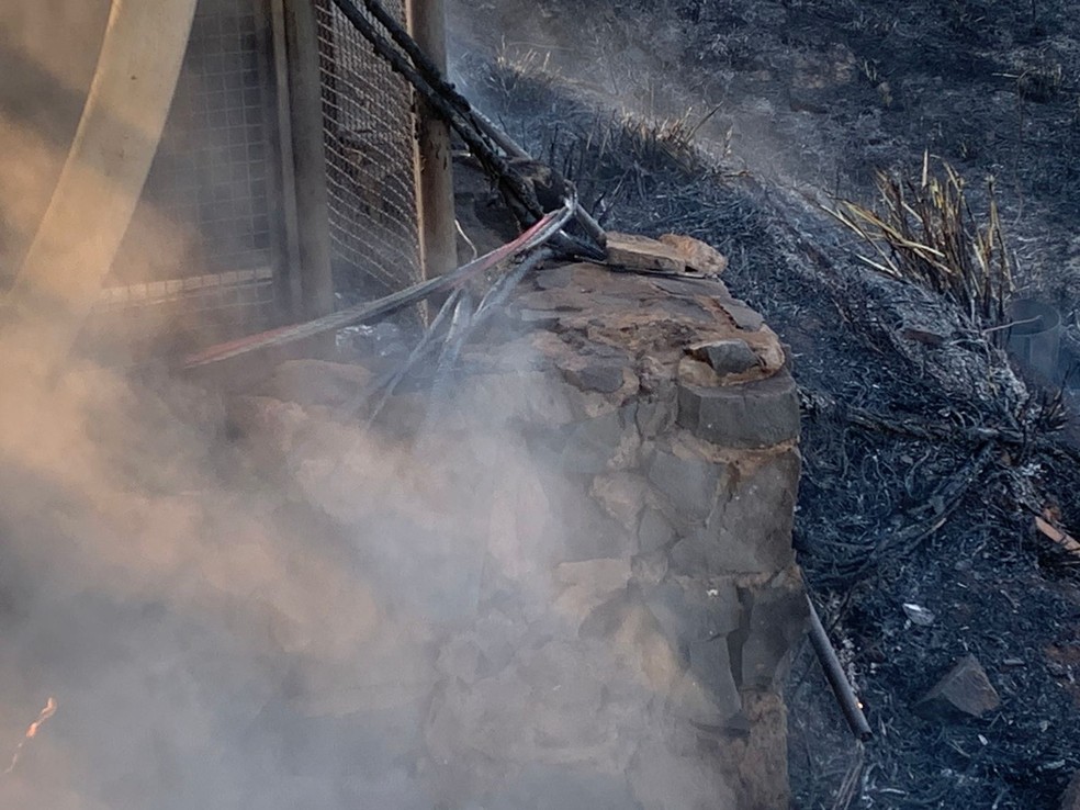 Fogo em vegetação queima fios de iluminação da Ponte Internacional da Amizade — Foto: Marcos Landim/RPC 