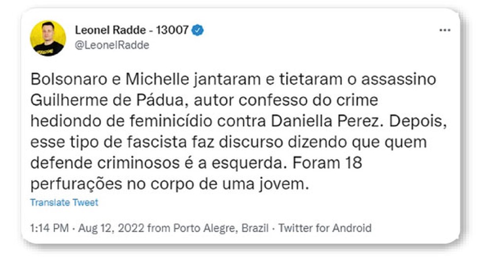 Apoiadores de Lula sugeriram que Bolsonaro teria relação próxima com Guilherme de Pádua, assassino da atriz Daniela Perez — Foto: Reprodução