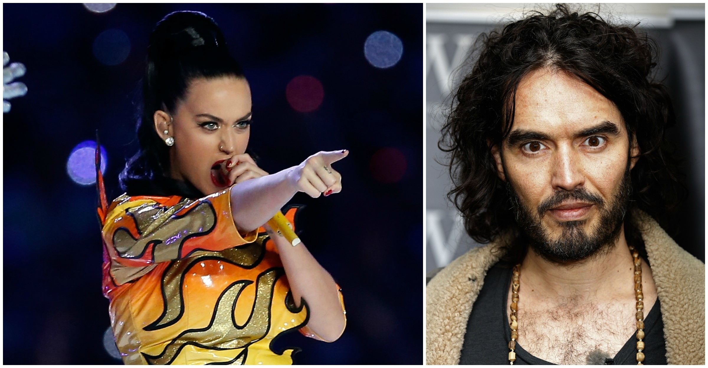 Katy Perry, em apresentação no intervalo do Super Bowl, e Russell Brand. (Foto: Getty Images)