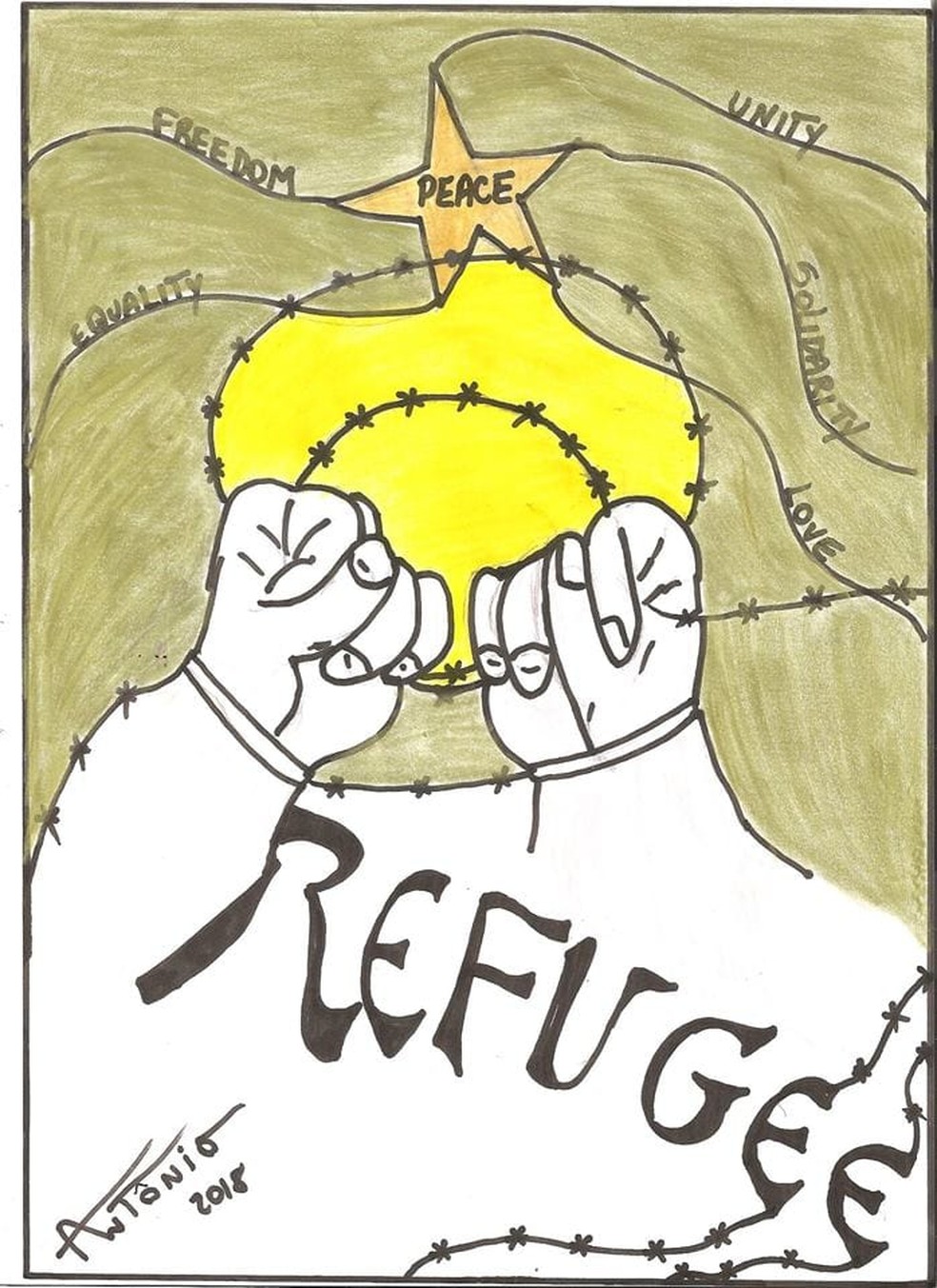 Desenho sobre refugiados de aluno de 9 anos de Mococa foi escolhido em concurso da ONU — Foto: Arquivo pessoal