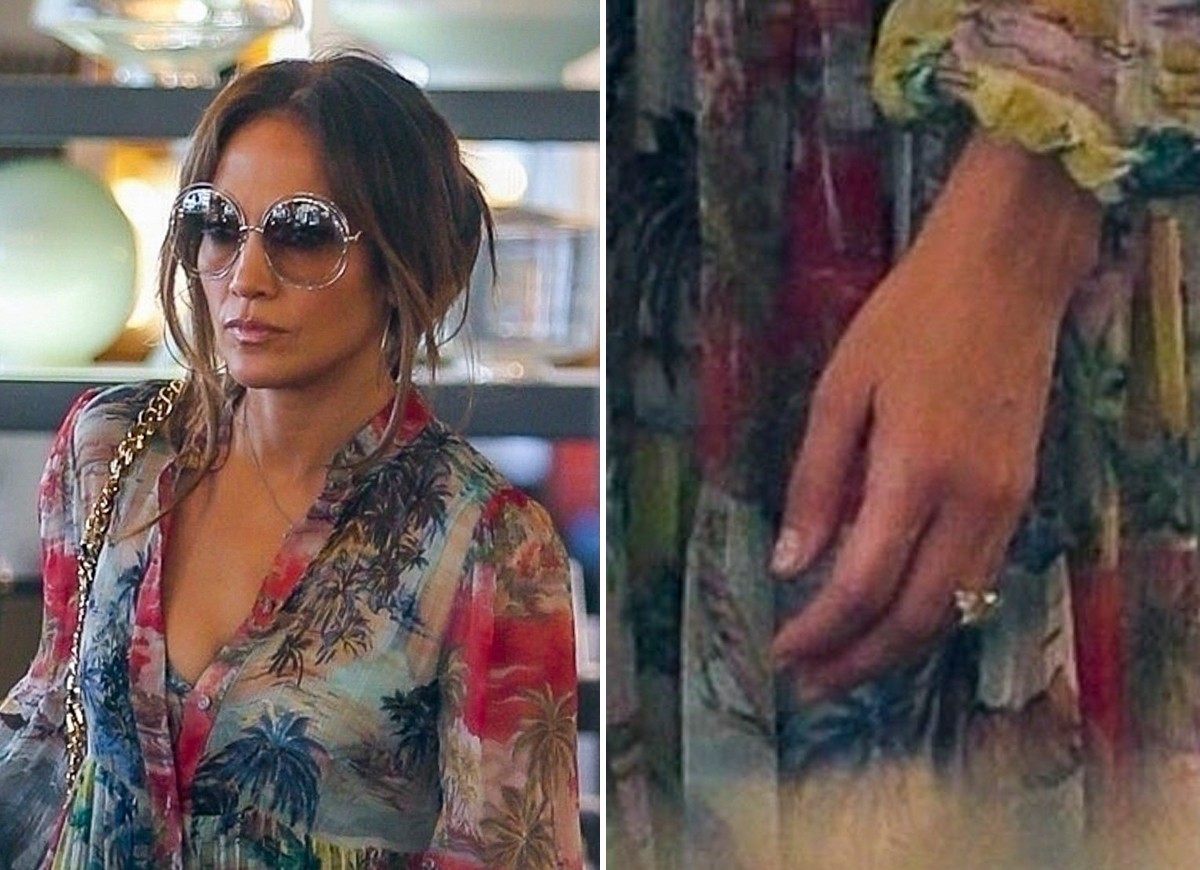Jennifer Lopez shows off an alleged engagement ring on her left ring (Photo: Grosby Group)