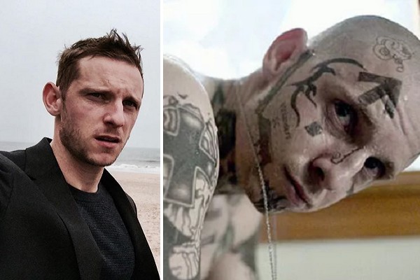 O ator Jamie Bell; à direita, ele caracterizado para o filme 'Skin' (Foto: Instagram / Reprodução)