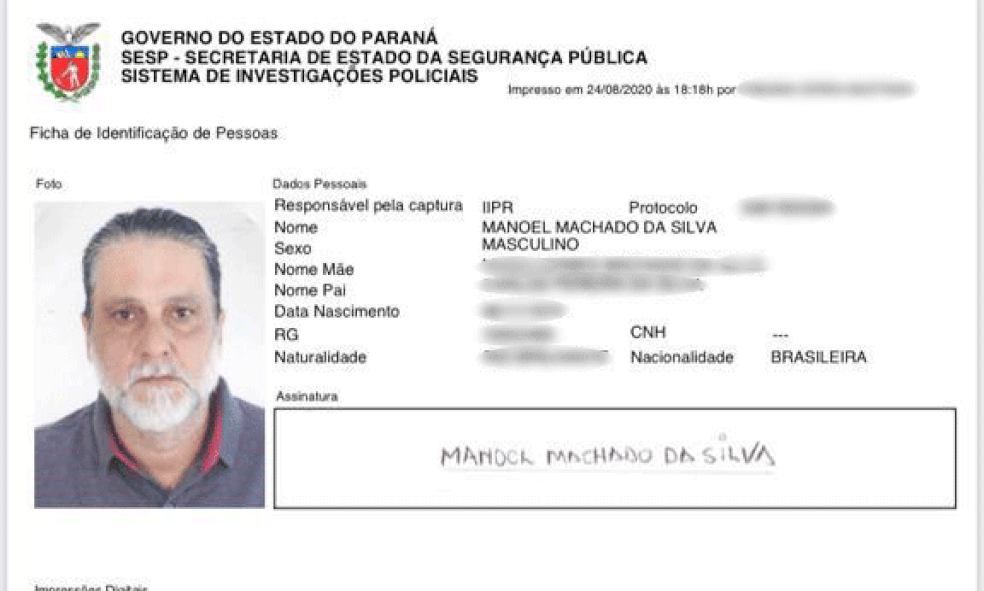 Paulo Cupertino Matias falsificou identidade para se chamar Manoel Machado da Silva — Foto: Reprodução