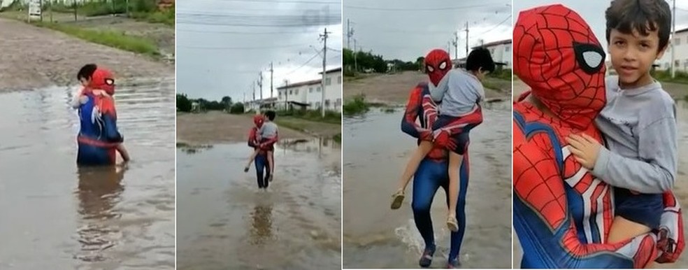 'Homem-aranha' salva criança de rua alagada em Teresina e vídeo de protesto viraliza — Foto: Reprodução