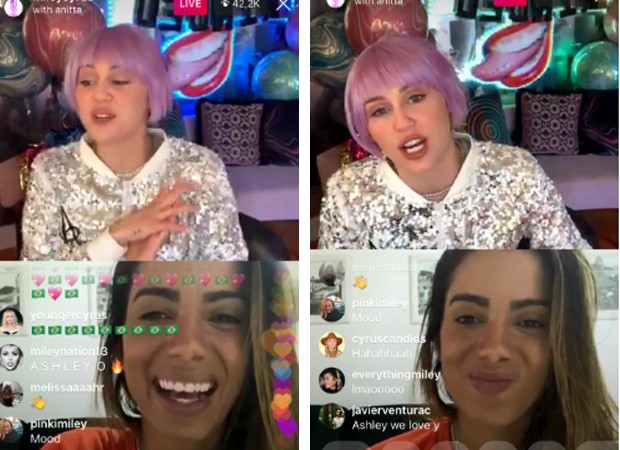Miley Cyrus e Anitta: live no Instagram (Foto: Reprodução Instagram)