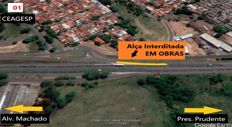 Acessos da Rodovia Raposo Tavares são interditados para obras em Presidente Prudente (SP) — Foto: Reprodução/Cart