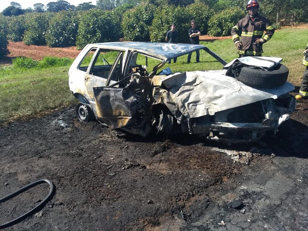 Carro pegou fogo após bater em uma árvore — Foto: Cedida