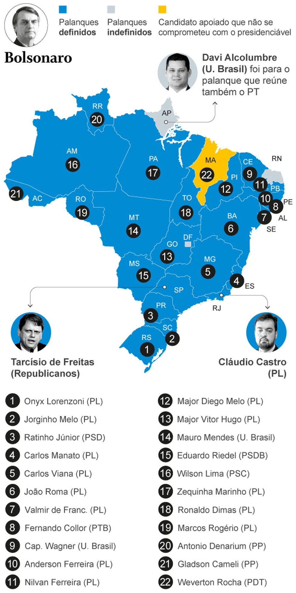 Palanques de Bolsonaro espalhados pelo Brasil — Foto: Infografia/O Globo