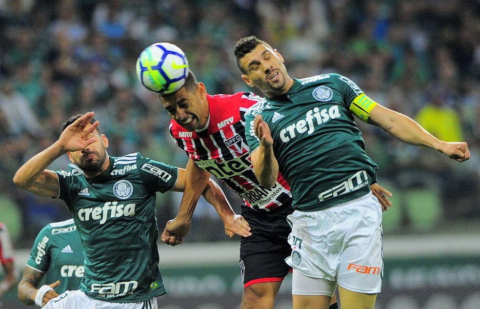 Diego Souza, hoje no Botafogo, e Moisés disputam bola no último clássico na arena palmeirense, em junho do ano passado — Foto: Marcos Ribolli