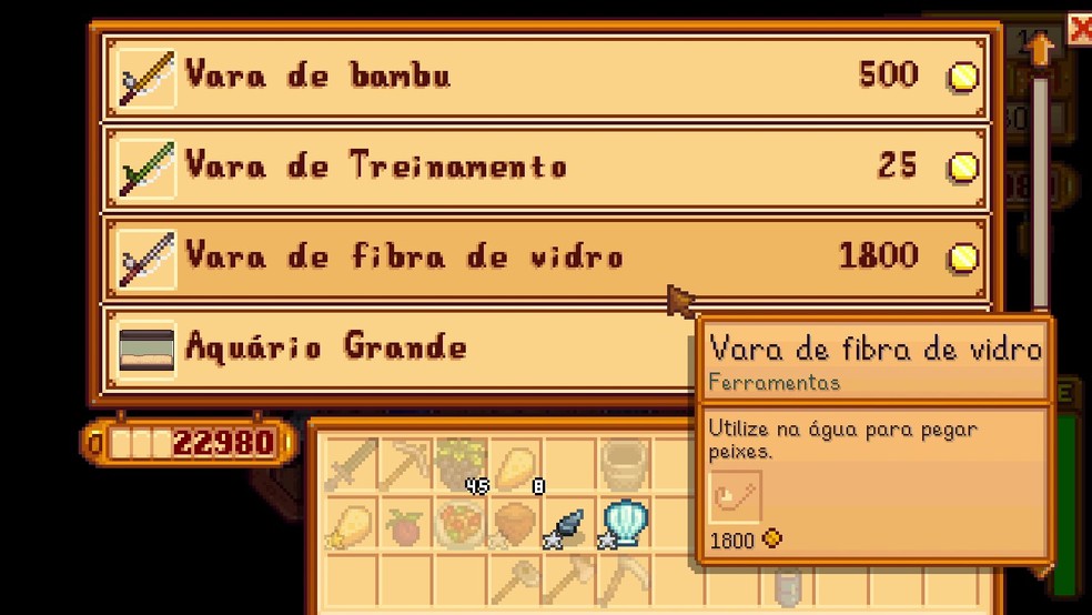 'Como usar isca para pescar no Stardew Valley?' Compre uma Vara de Fibra de Vidro ou de Irídio na peixaria — Foto: Reprodução/Róbson Martins