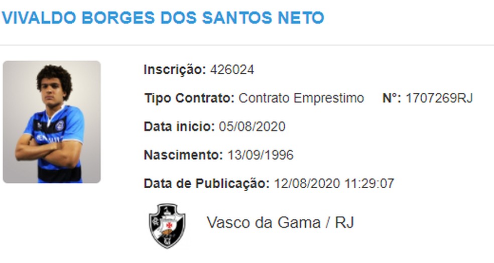 Vivaldo Borges dos Santos Neto, o Neto Borges, está regularizado para jogar pelo Vasco — Foto: Reprodução