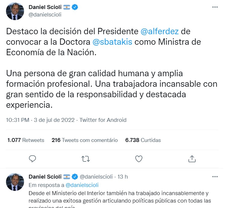 Tweet de Daniel Scioli sobre a nomeação de Silvina Batakis como ministra da Economia da Argentina (Foto: Reprodução Twitter)
