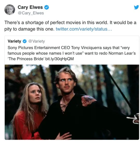 O tuíte de Cary Elwes expondo seu incômodo com o boato do remake de A Princesa Prometida (1987) (Foto: Twitter)