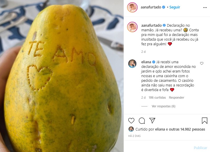 Eliana comenta na publicação de Ana Furtado sobre pedido de casamento (Foto: Reprodução/ Instagram)