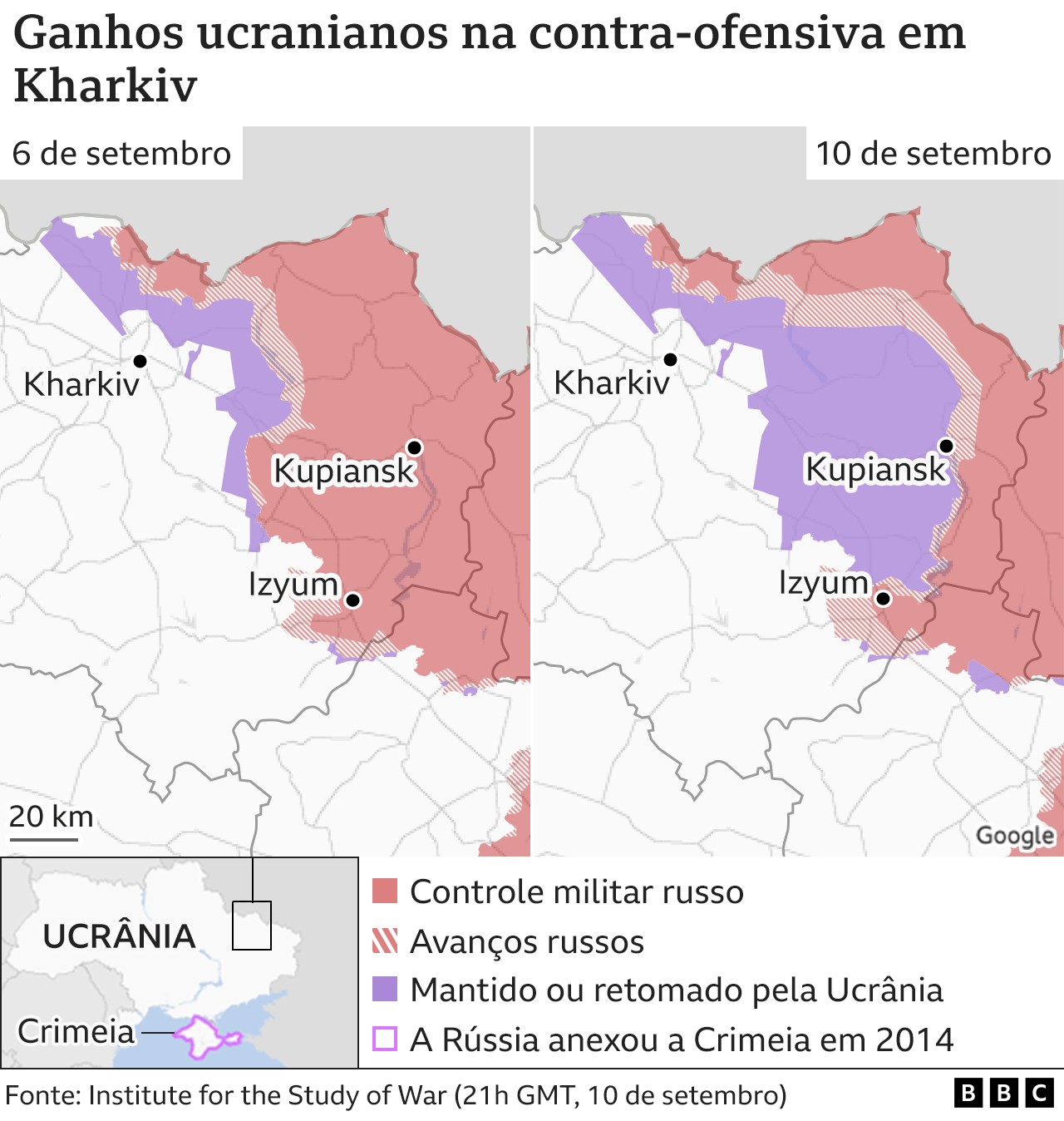 Mapa mostra avanços recentes da Ucrânia (Foto: BBC)