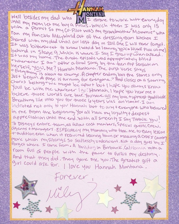 Miley Cyrus escreve carta para Hannah Montana (Foto: Reprodução/Instagram)