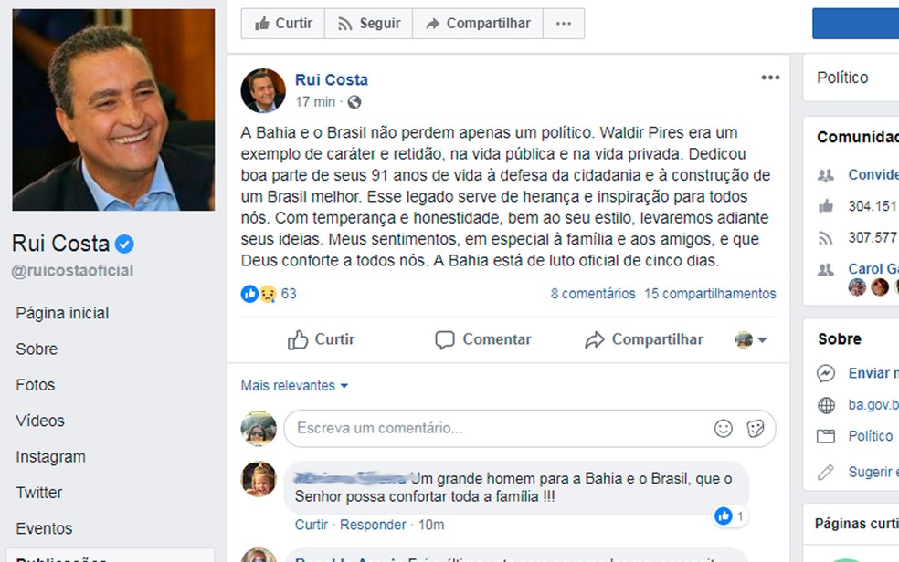 Governador Rui Costa decretou 5 dias de luto oficial no estado (Foto: Reprodução/Facebook)