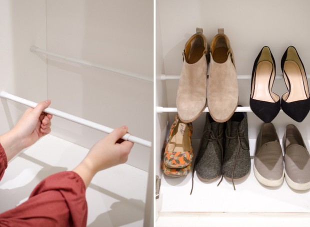 Um par de barras paralelas apoia sapatos baixos; dispostas de forma desencontrada, é mais fácil apoiar modelos com salto (Foto: Pinterest/Reprodução)