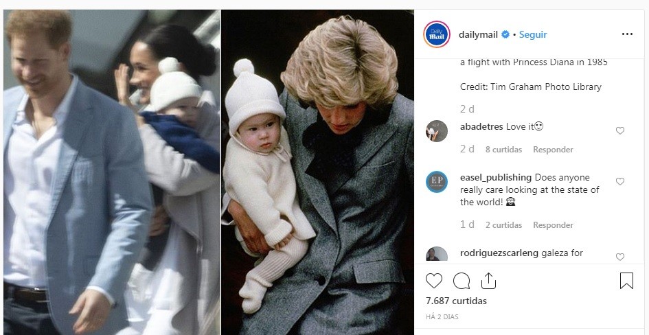 Daily Mail publica montagem de Archie no colo de Meghan, e Harry com a mãe, a princesa Diana, em março de 1985 (Foto: Reprodução/Instagram)