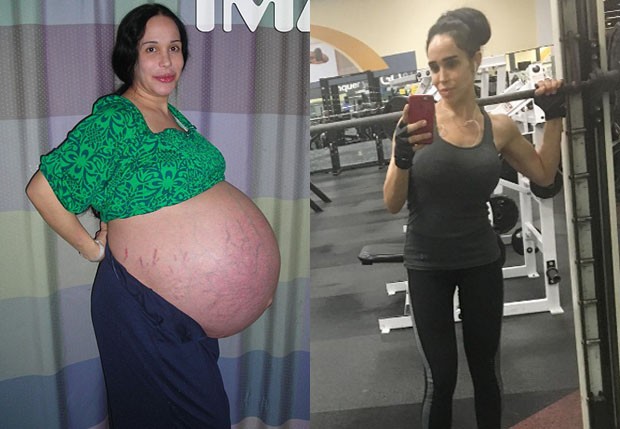 Nadya Suleman na reta final da gravidez, em 2009, e em setembro de 2016 (Foto: TMZ e Reprodução)