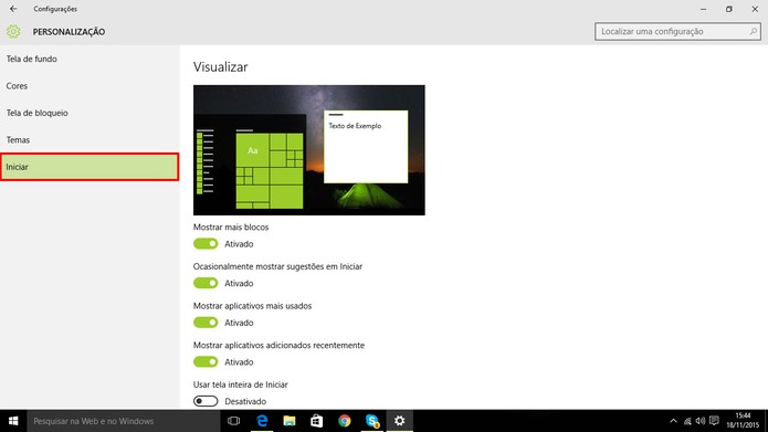 Windows 10 tem diversas personalizações para o menu Iniciar (Foto: Reprodução/Elson de Souza)