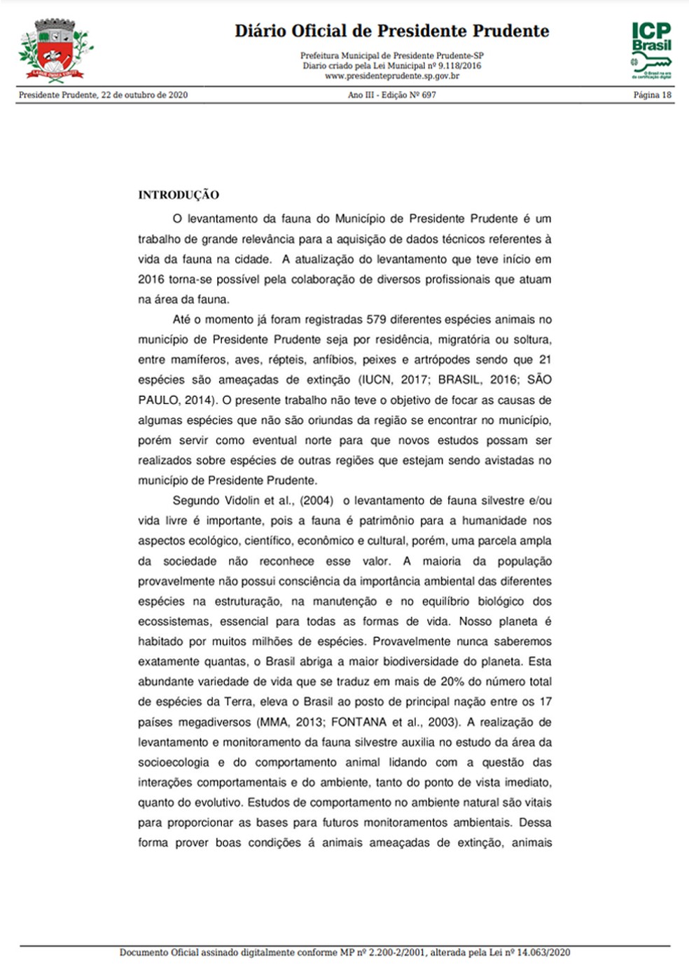 Levantamento prévio da fauna em Presidente Prudente foi publicado nesta quinta-feira (22) no Diário Oficial do Município, pág. 3 — Foto: Reprodução