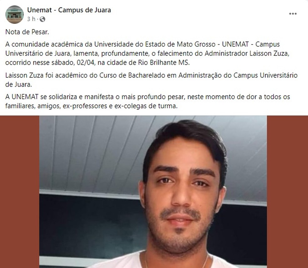 Universidade onde Laisson se formou publicou nota de pesar. — Foto: Reprodução