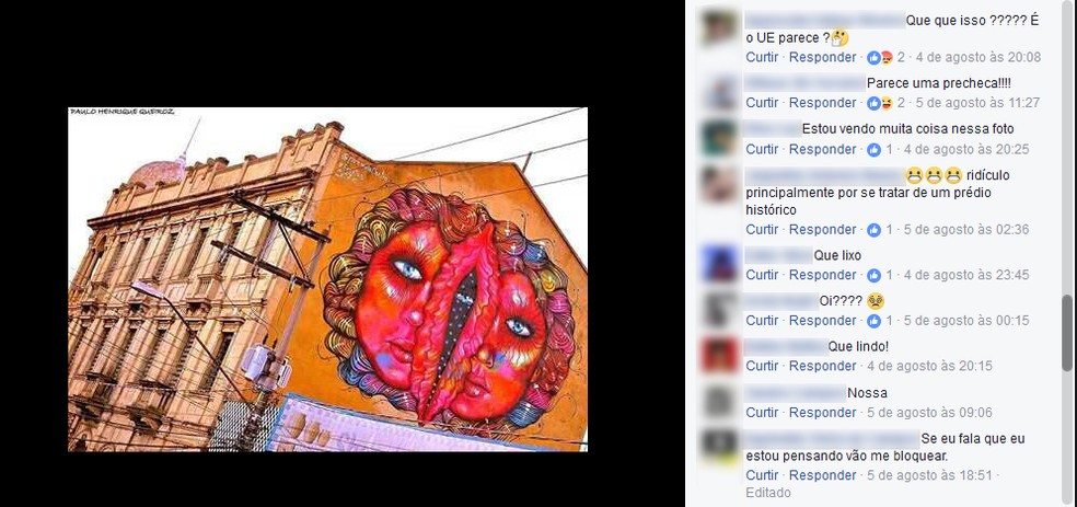 Internautas criticaram o desenho e questionaram a legalidade da pintura ter sido feita em um prédio tombado (Foto: Reprodução/Facebook)