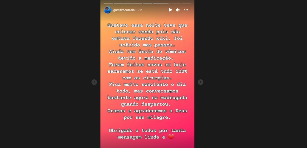 Relato sobre o estado de saúde de Gustavo — Foto: Reprodução/Instagram